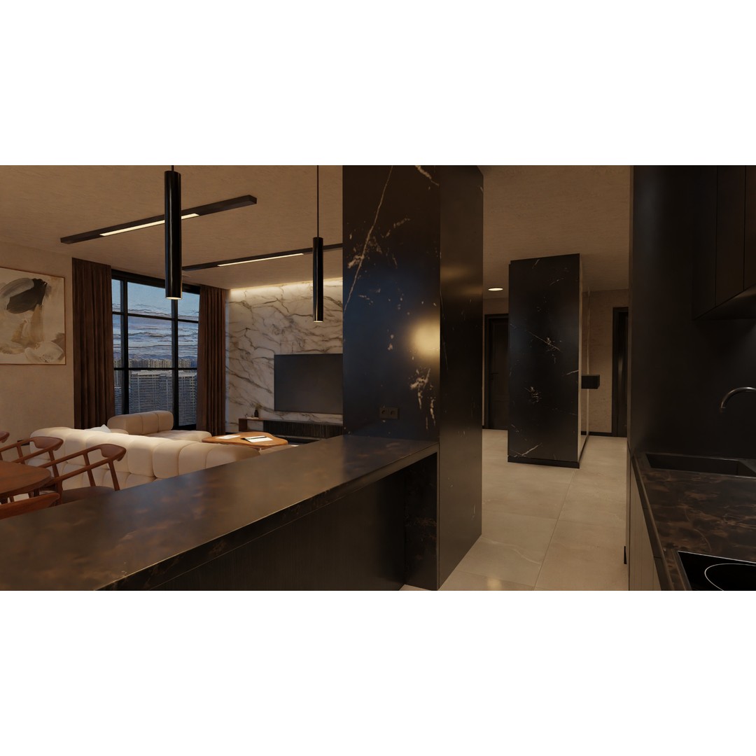Luxury Apartment Living Room & Kitchen 3D Model – Modern Interior Design, FBX - View 8