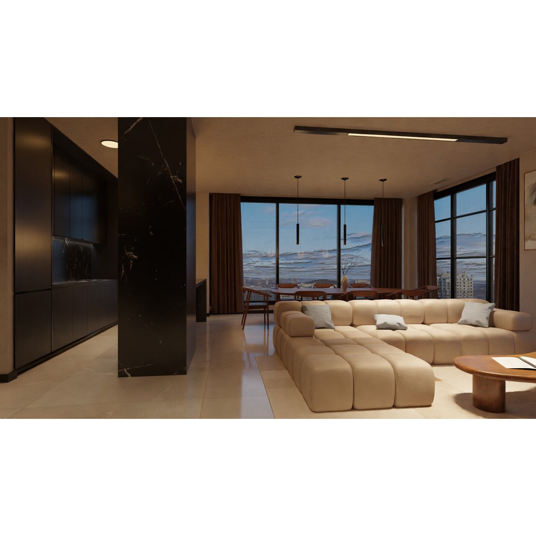 Luxury Apartment Living Room & Kitchen 3D Model – Modern Interior Design, FBX - View 9