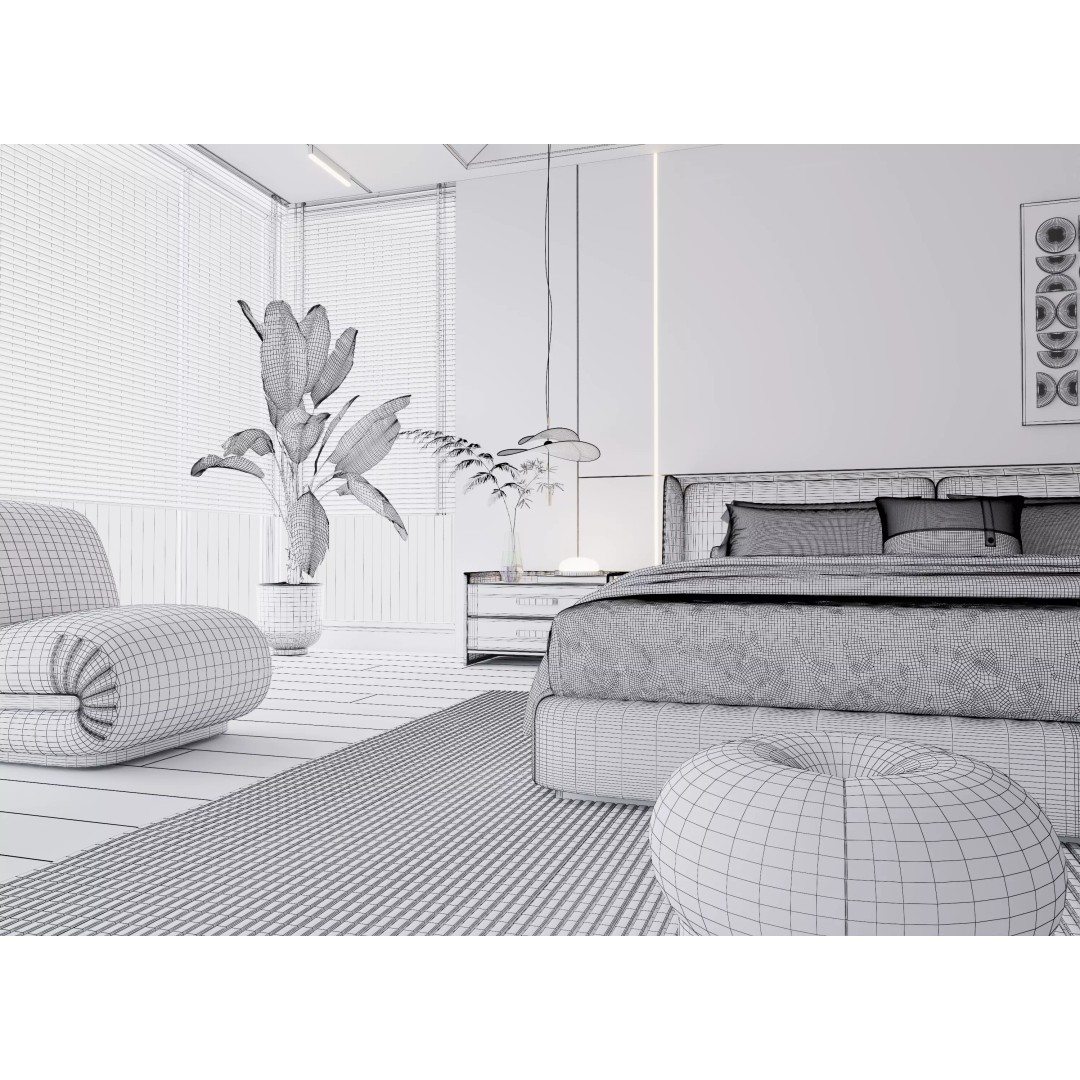 Modern Bedroom 3D Model – Minimalist Cream Interior, FBX, OBJ