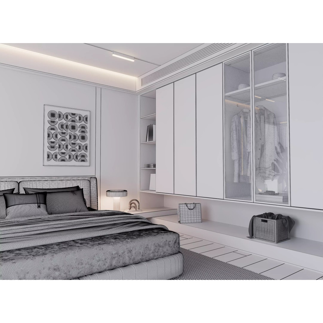 Modern Bedroom 3D Model – Minimalist Cream Interior, FBX, OBJ - View 10