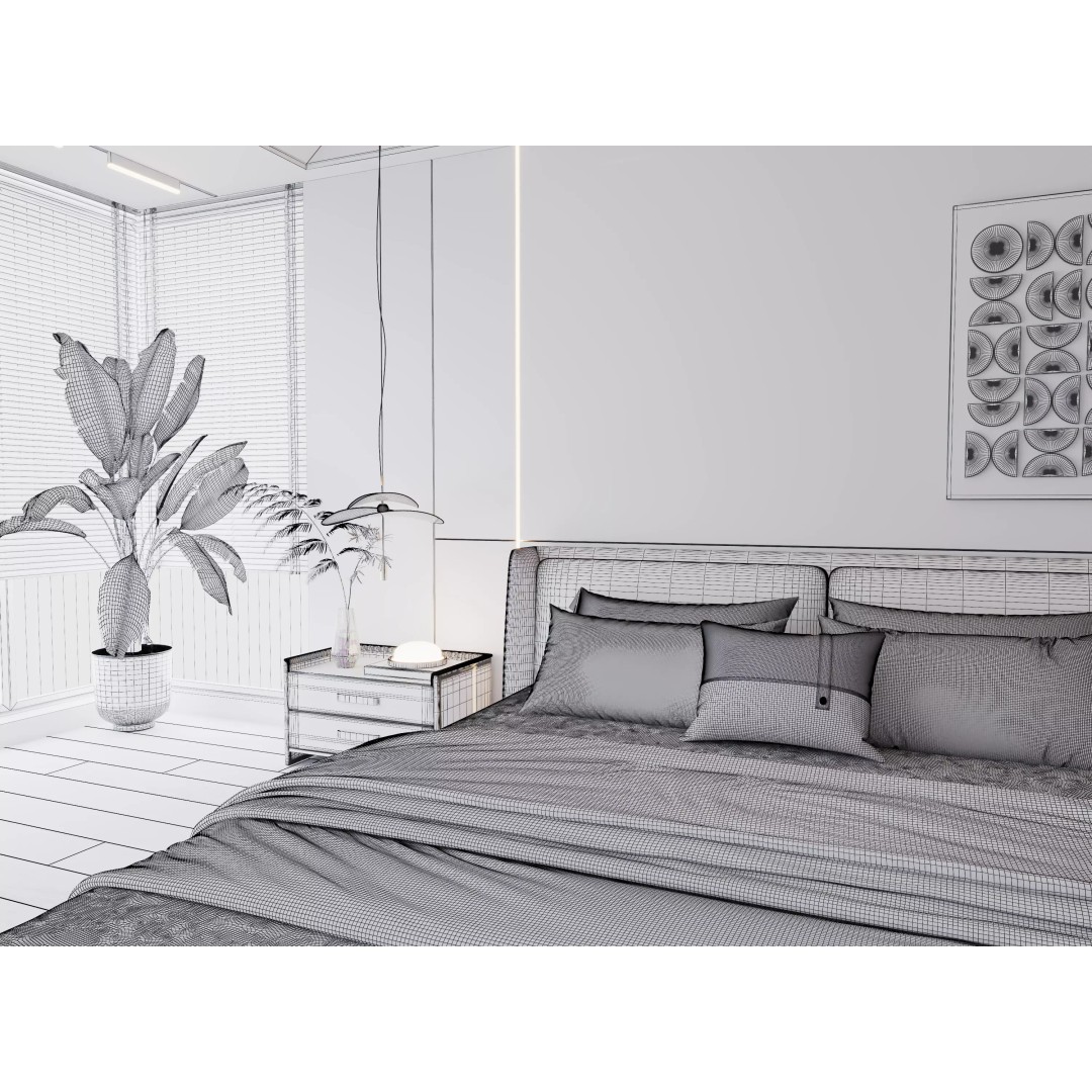 Modern Bedroom 3D Model – Minimalist Cream Interior, FBX, OBJ - View 11