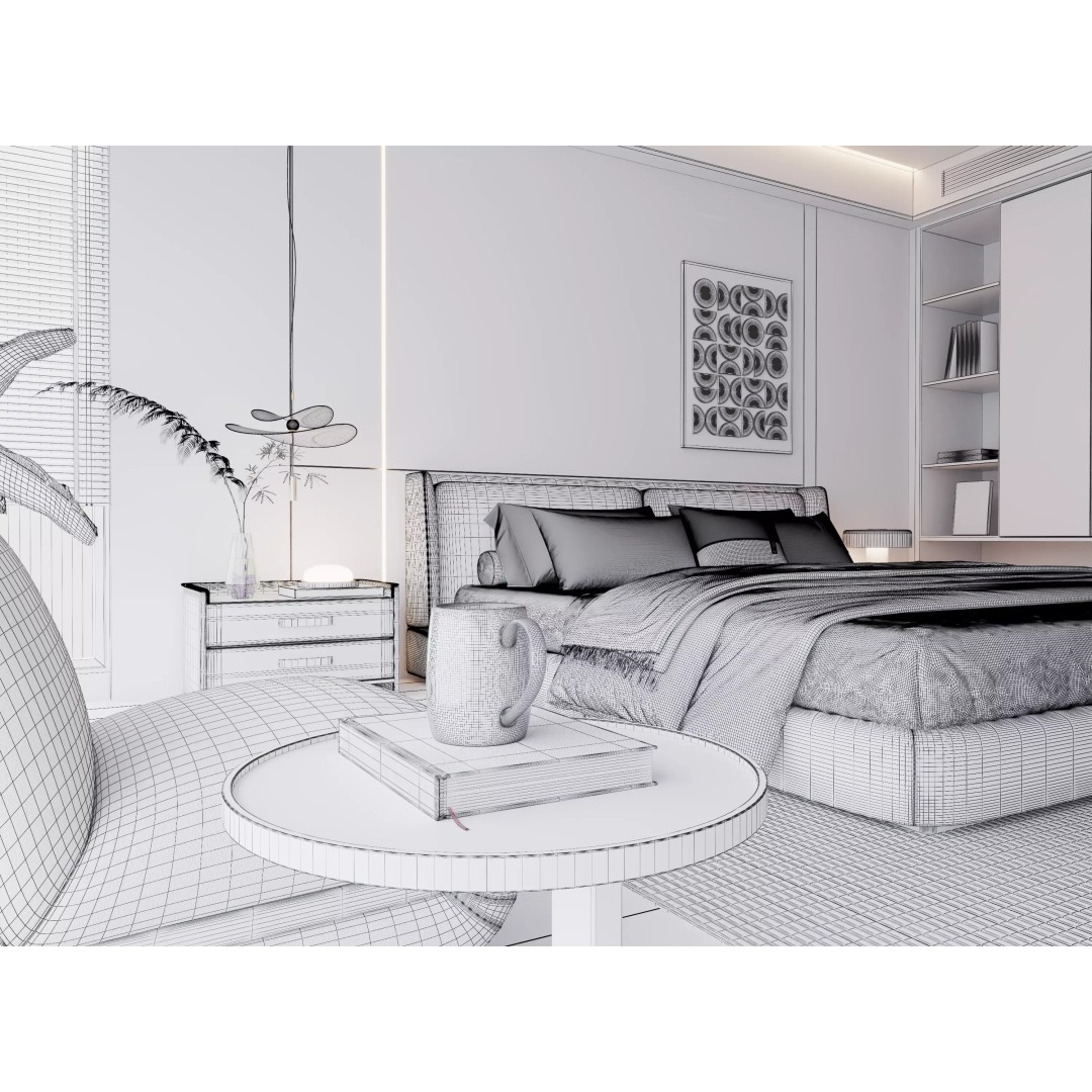 Modern Bedroom 3D Model – Minimalist Cream Interior, FBX, OBJ - View 12