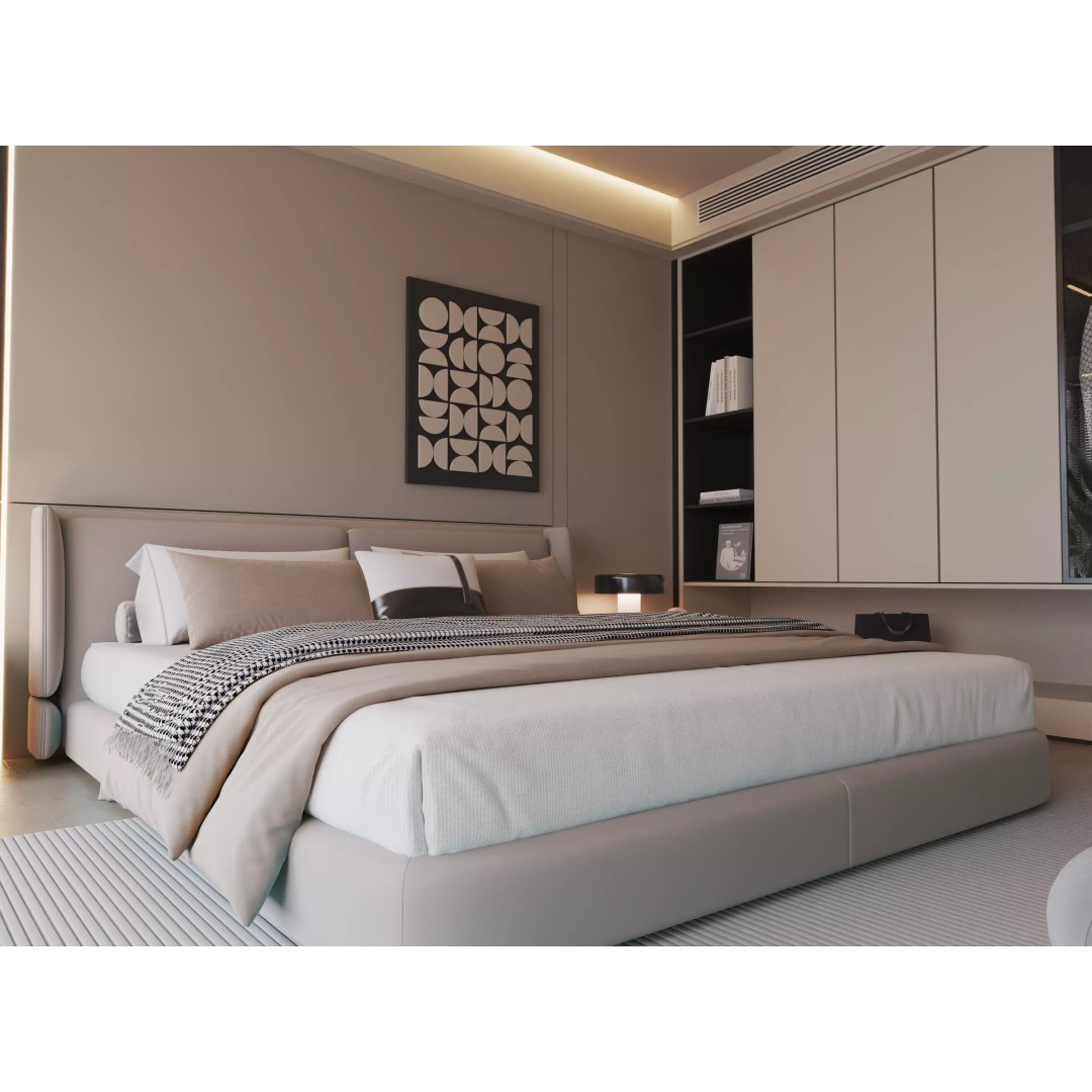 Modern Bedroom 3D Model – Minimalist Cream Interior, FBX, OBJ - View 3