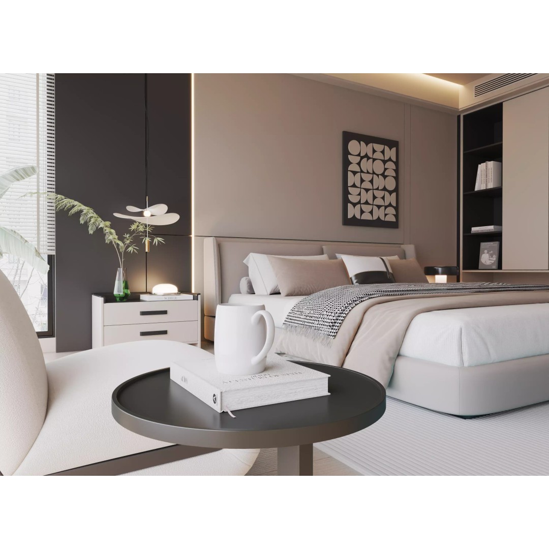 Modern Bedroom 3D Model – Minimalist Cream Interior, FBX, OBJ - View 6