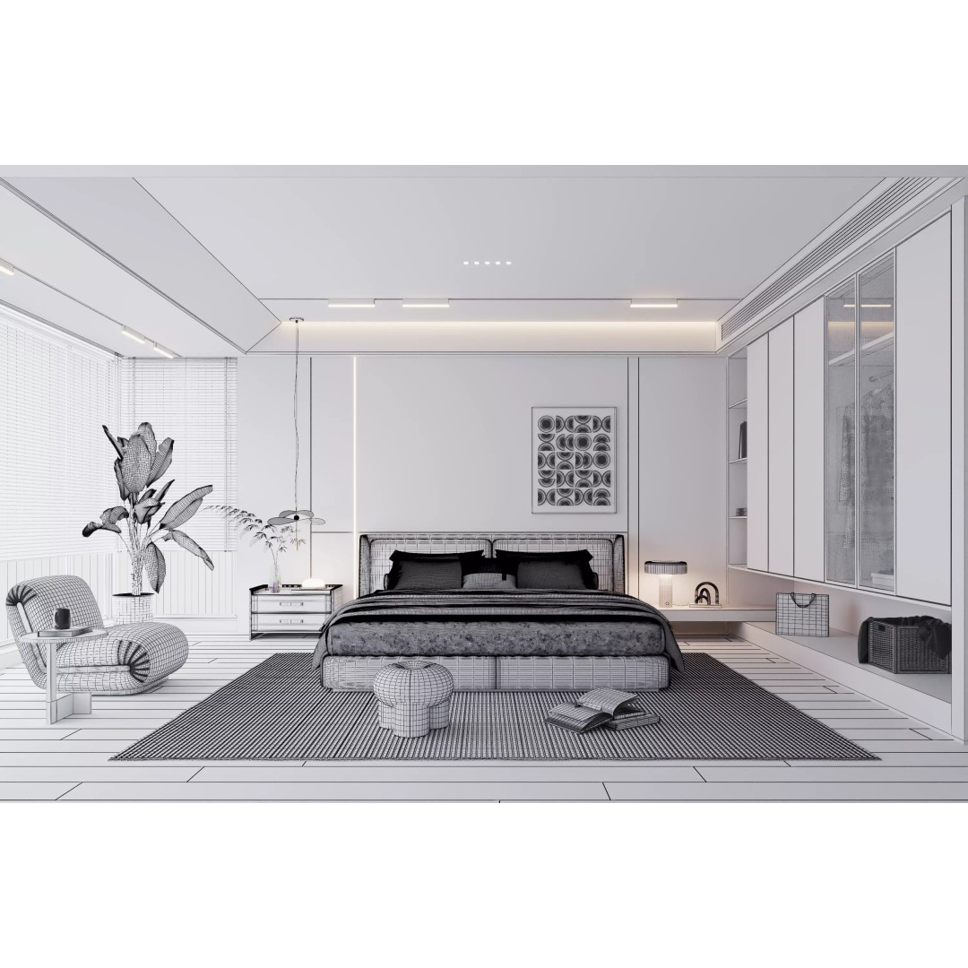Modern Bedroom 3D Model – Minimalist Cream Interior, FBX, OBJ - View 8