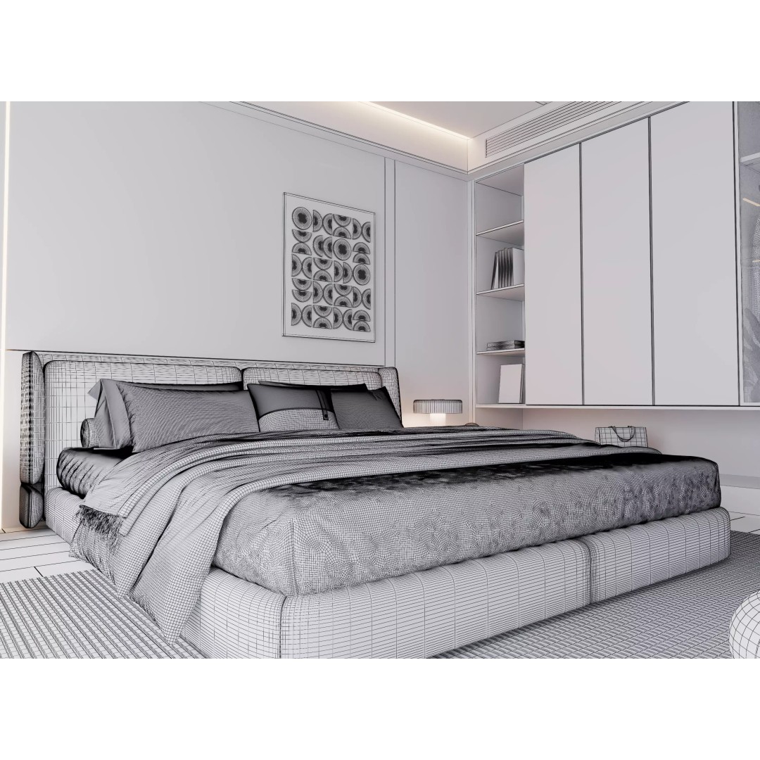 Modern Bedroom 3D Model – Minimalist Cream Interior, FBX, OBJ - View 9