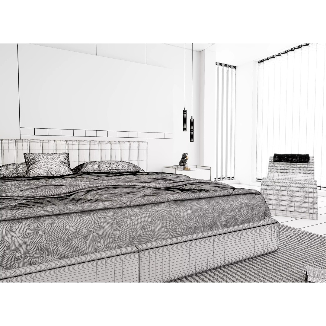 Modern Bedroom 3D Model – Minimalist Cream Style, FBX/OBJ Formats