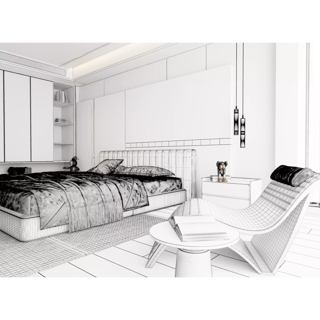 Modern Bedroom 3D Model – Minimalist Cream Style, FBX/OBJ Formats - View 11