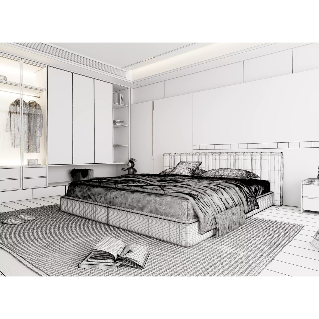 Modern Bedroom 3D Model – Minimalist Cream Style, FBX/OBJ Formats - View 12