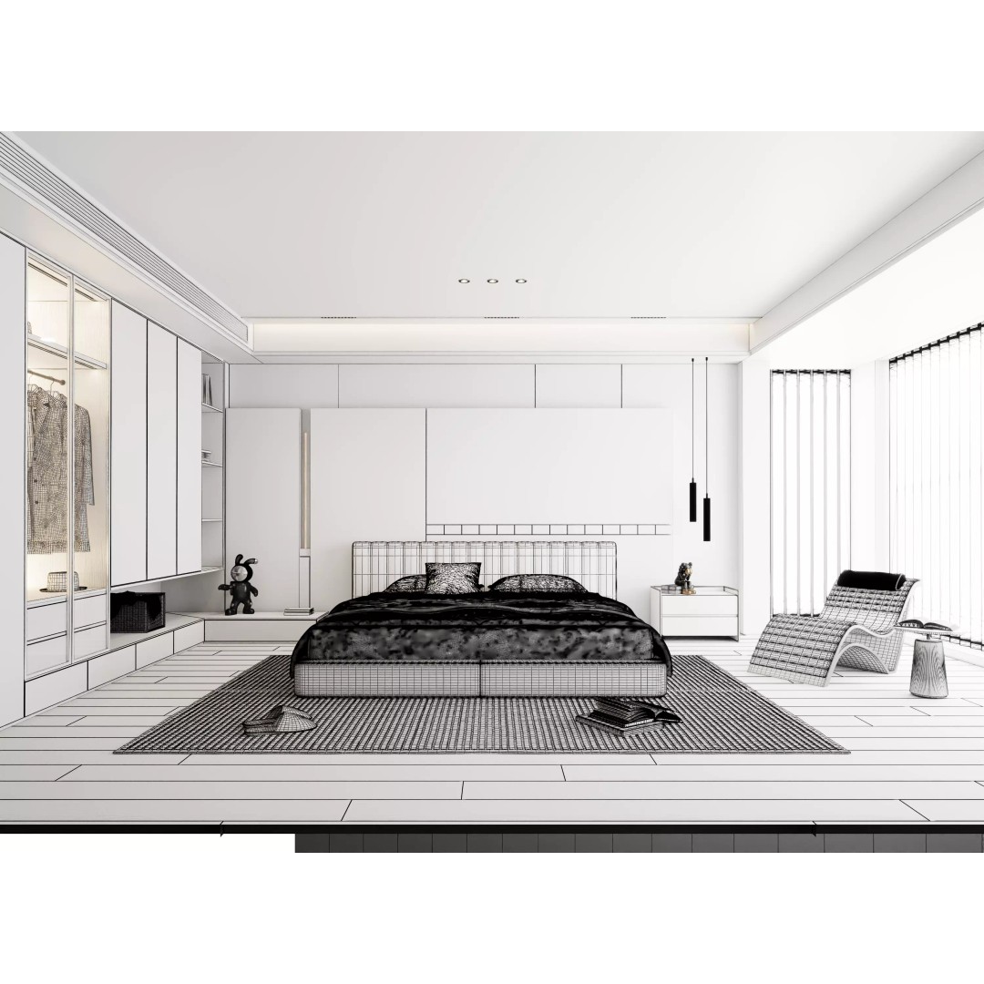 Modern Bedroom 3D Model – Minimalist Cream Style, FBX/OBJ Formats - View 8