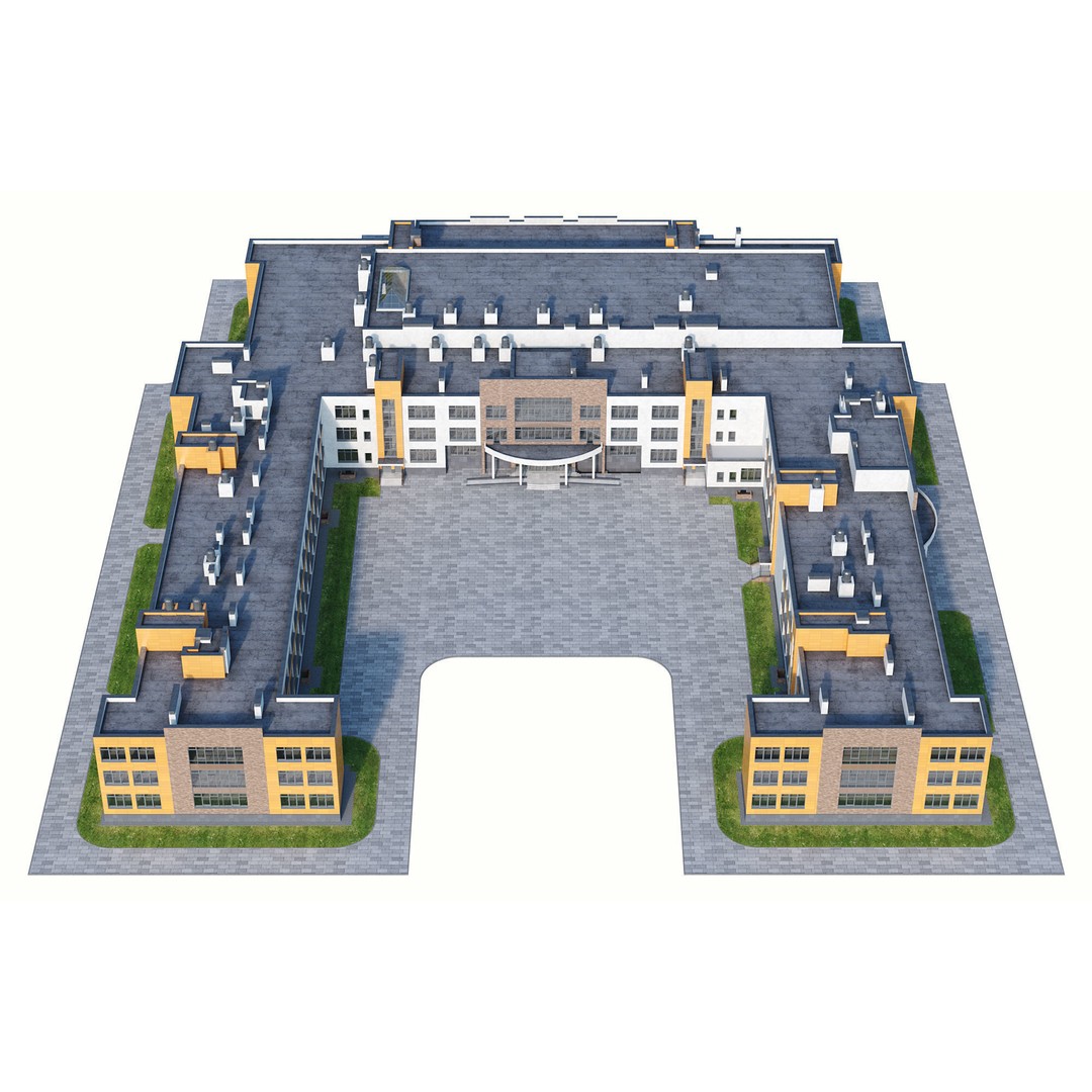 Modern School Building 3D Model – High Detail Exterior Asset, FBX, OBJ - View 10