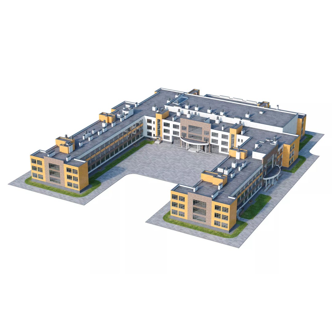 Modern School Building 3D Model – High Detail Exterior Asset, FBX, OBJ - View 2