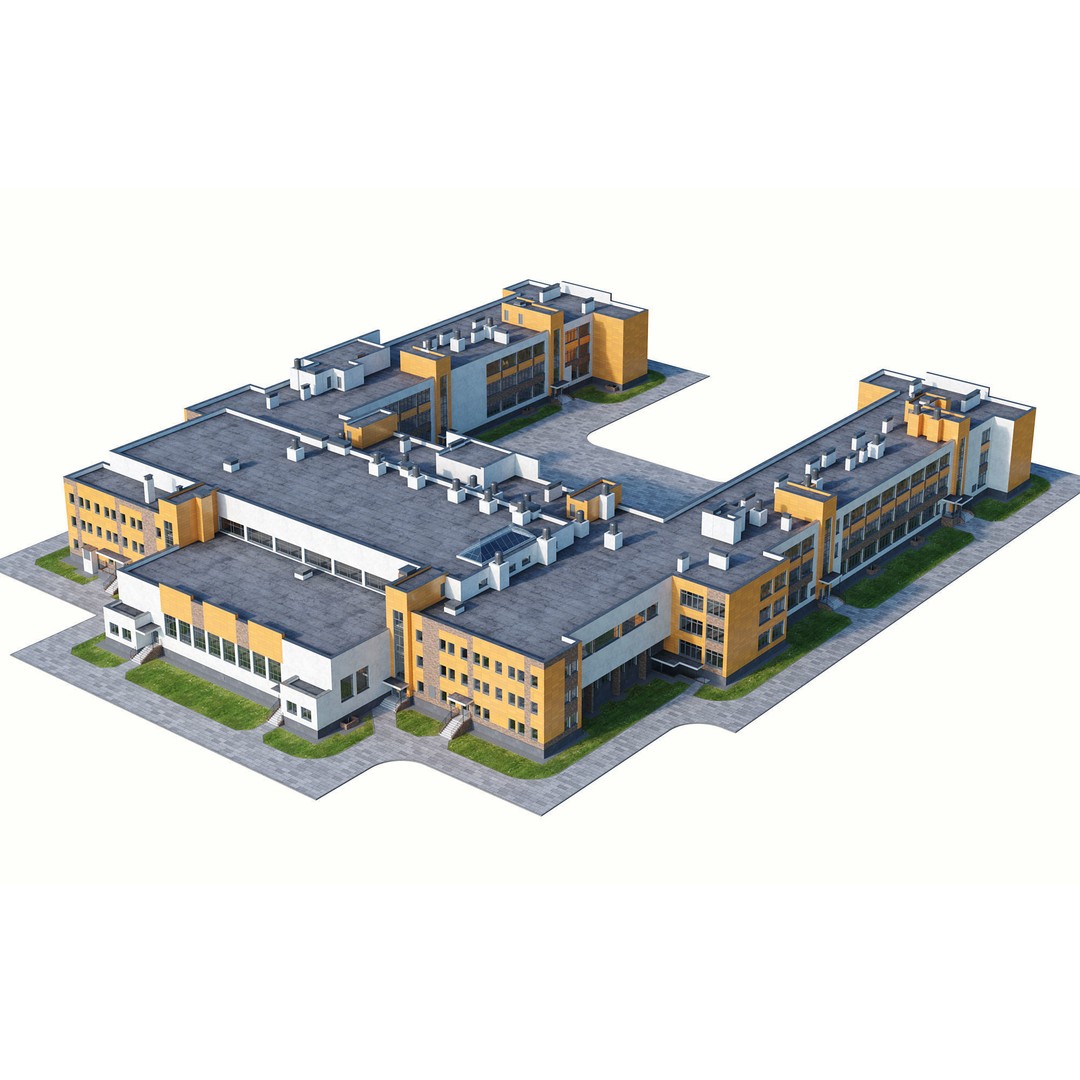 Modern School Building 3D Model – High Detail Exterior Asset, FBX, OBJ - View 3
