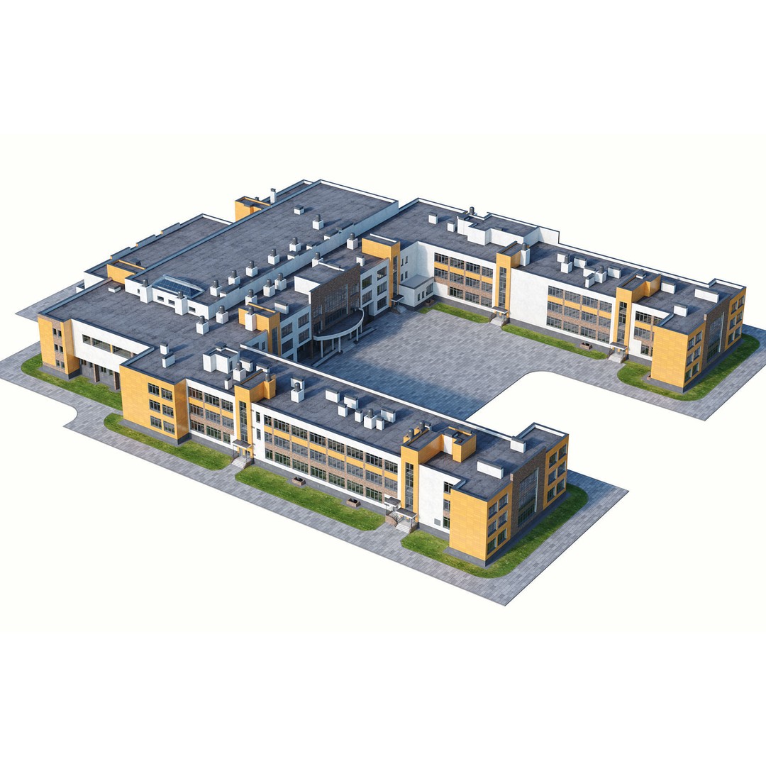 Modern School Building 3D Model – High Detail Exterior Asset, FBX, OBJ - View 4