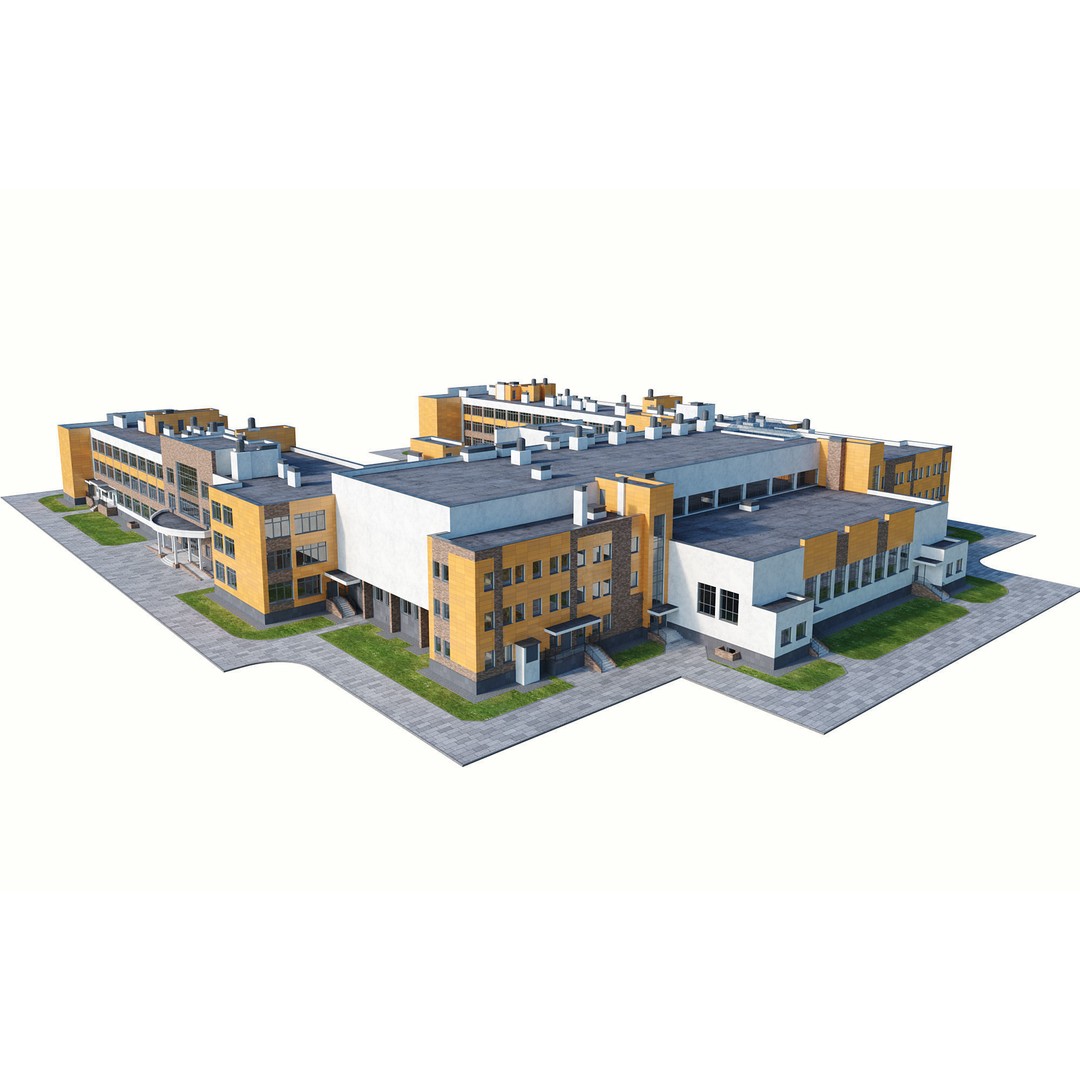 Modern School Building 3D Model – High Detail Exterior Asset, FBX, OBJ - View 5