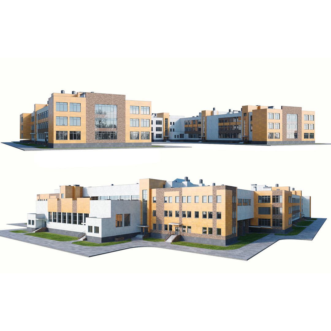 Modern School Building 3D Model – High Detail Exterior Asset, FBX, OBJ - View 7