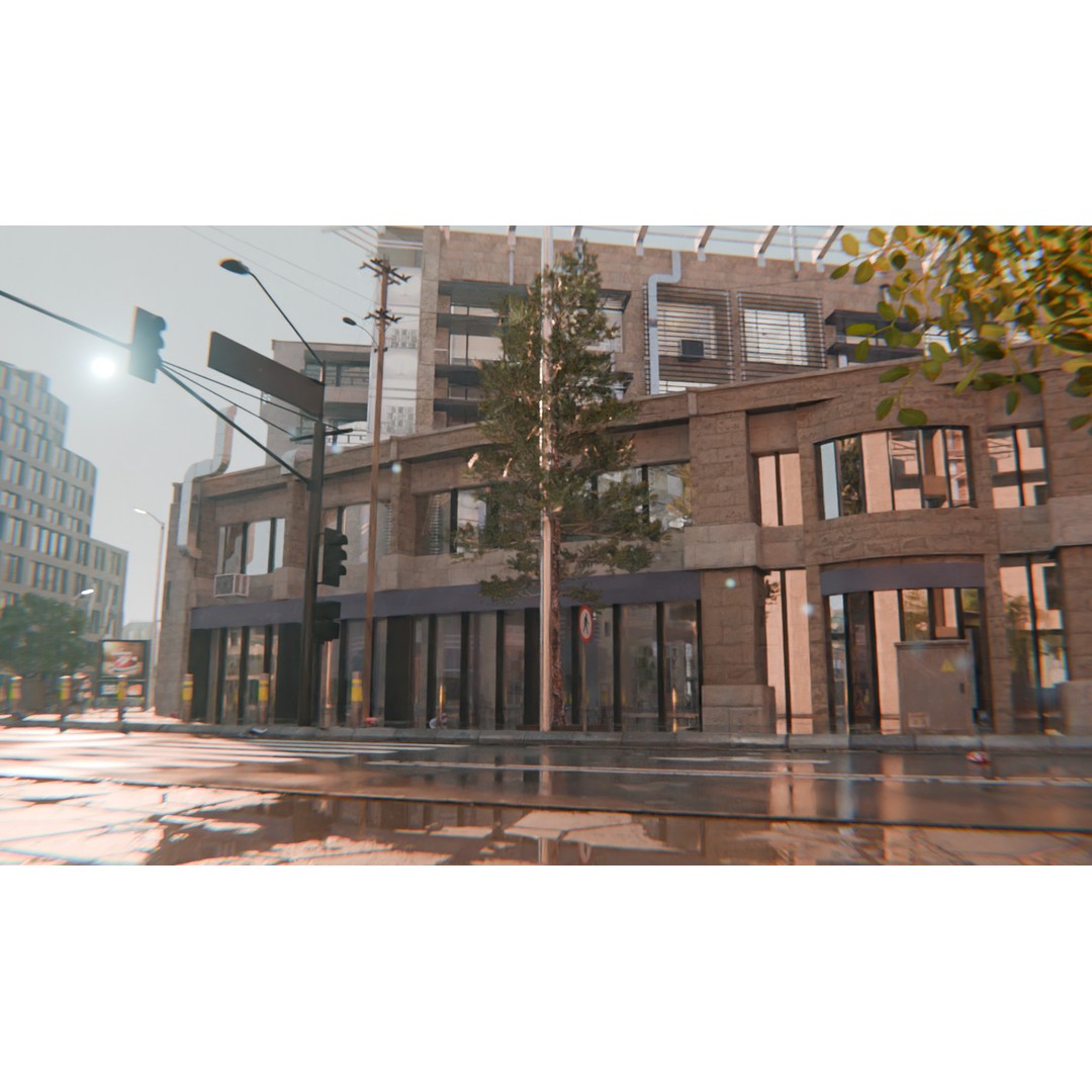 Realistic Urban City 3D Model – Morning Wet Street Scene, Blender & FBX - View 11