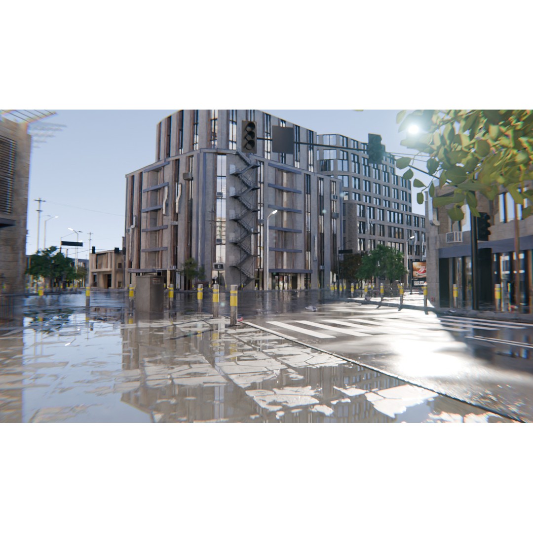 Realistic Urban City 3D Model – Morning Wet Street Scene, Blender & FBX - View 13