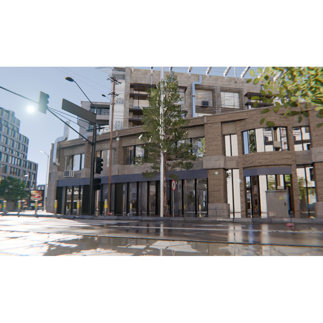 Realistic Urban City 3D Model – Morning Wet Street Scene, Blender & FBX - View 15