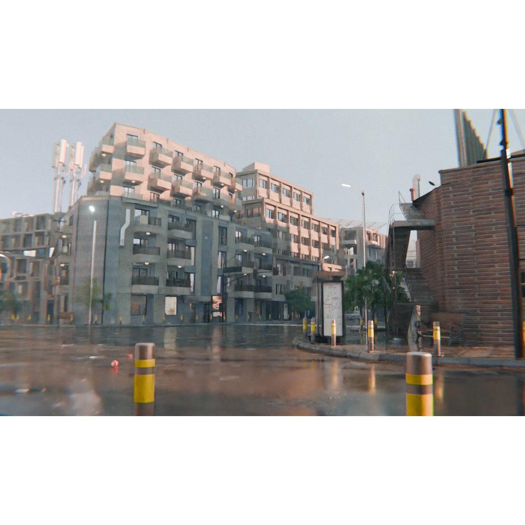 Realistic Urban City 3D Model – Morning Wet Street Scene, Blender & FBX - View 18