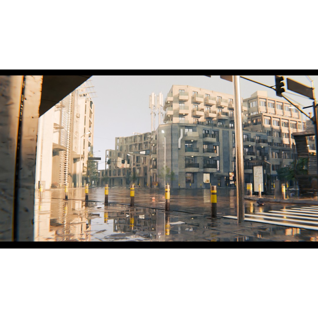 Realistic Urban City 3D Model – Morning Wet Street Scene, Blender & FBX - View 3