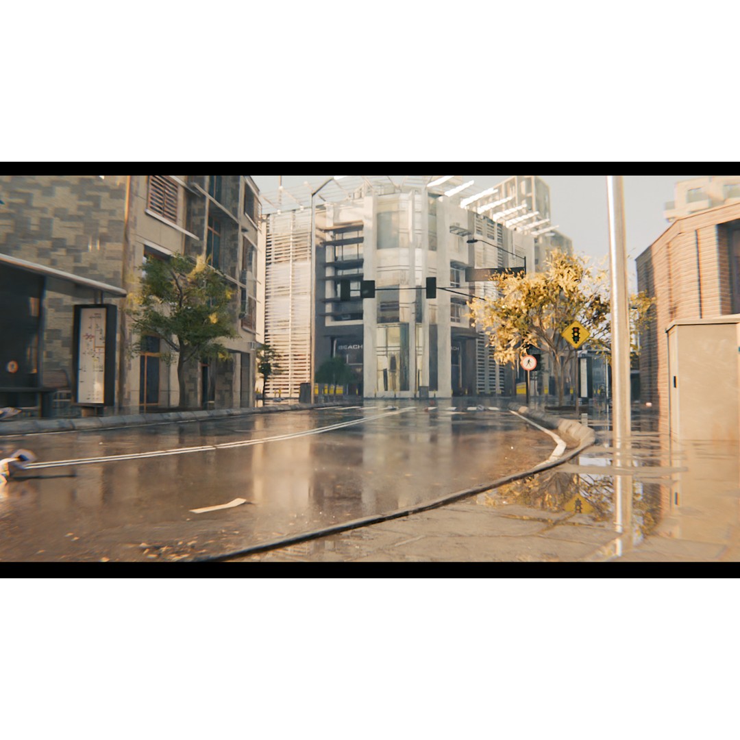Realistic Urban City 3D Model – Morning Wet Street Scene, Blender & FBX - View 4