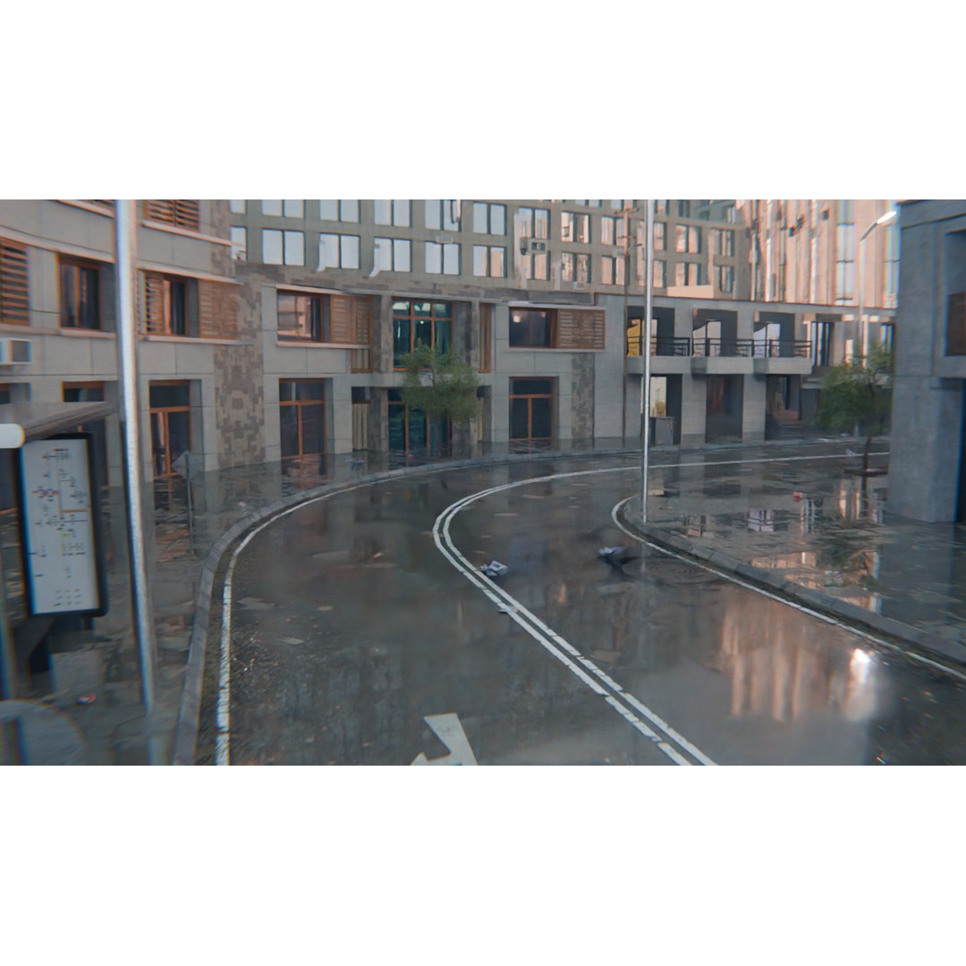 Realistic Urban City 3D Model – Morning Wet Street Scene, Blender & FBX - View 6
