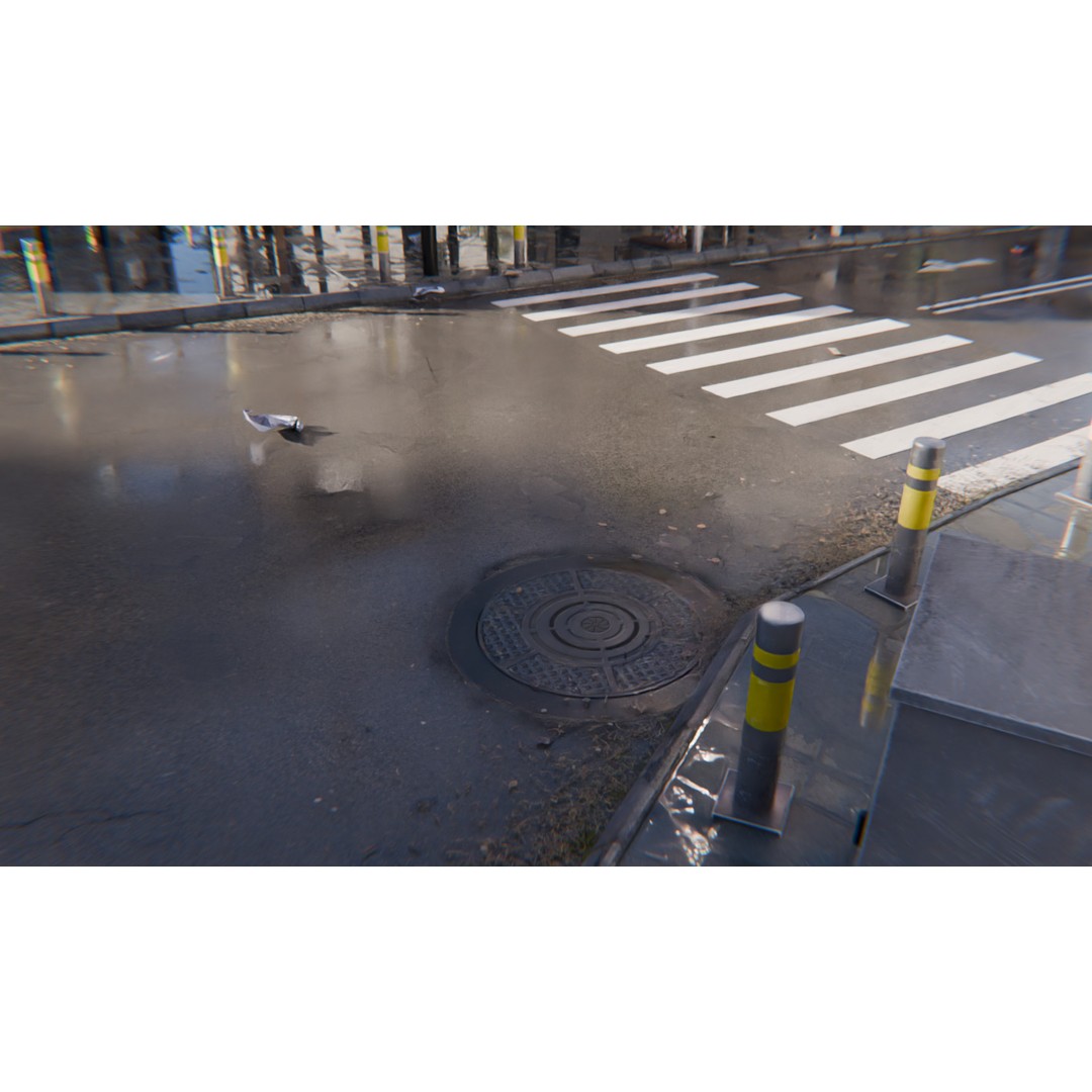 Realistic Urban City 3D Model – Morning Wet Street Scene, Blender & FBX - View 7