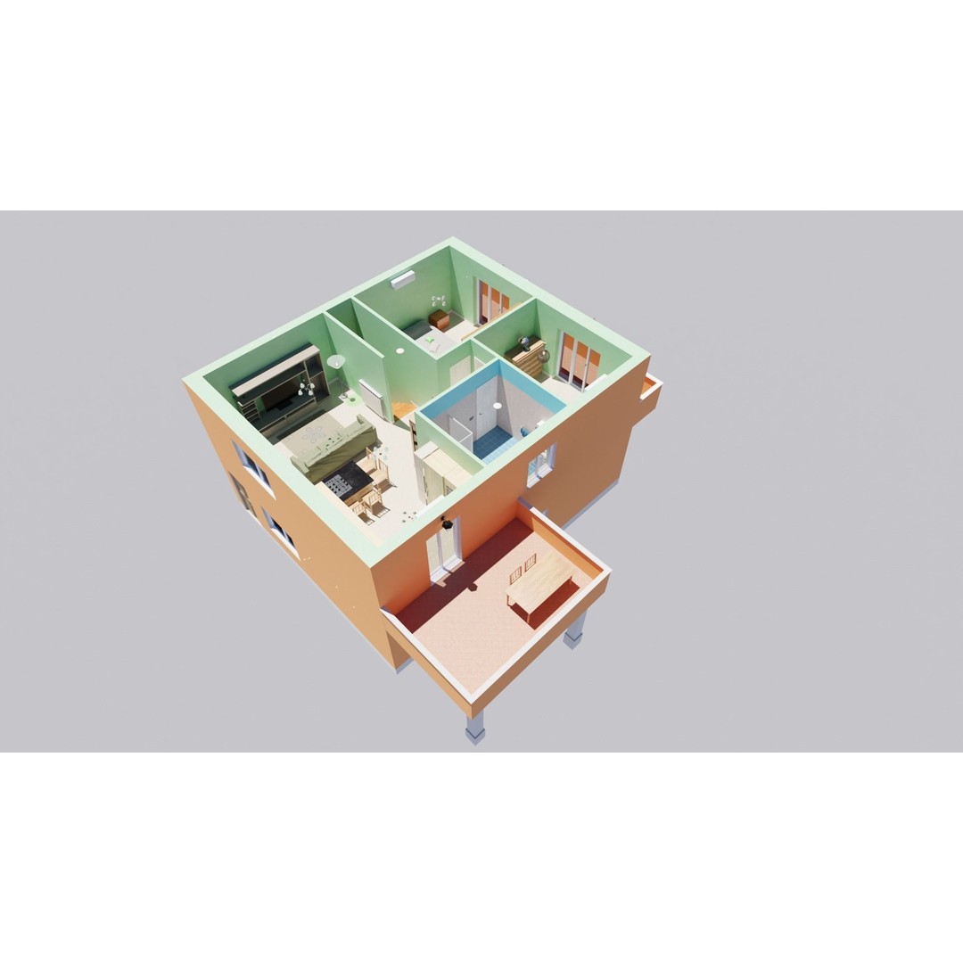 Classic House 3D Model – Low Poly Urban Design with Furniture - View 3