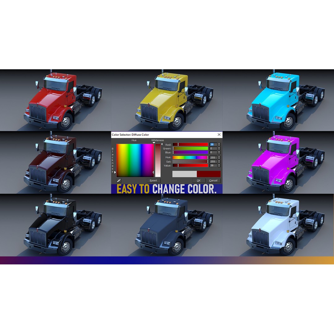 Kenworth T800 3D Model – Low Poly Semi Truck, Game Ready, FBX - View 31