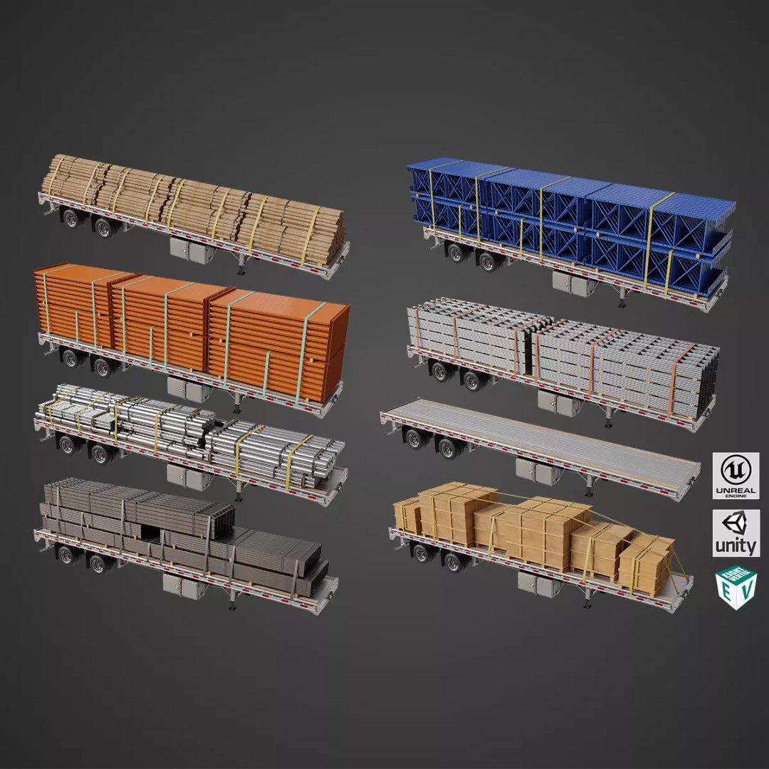 Flatbed Trailer 3D Model – Low Poly PBR Game Asset, Blender, FBX - View 2