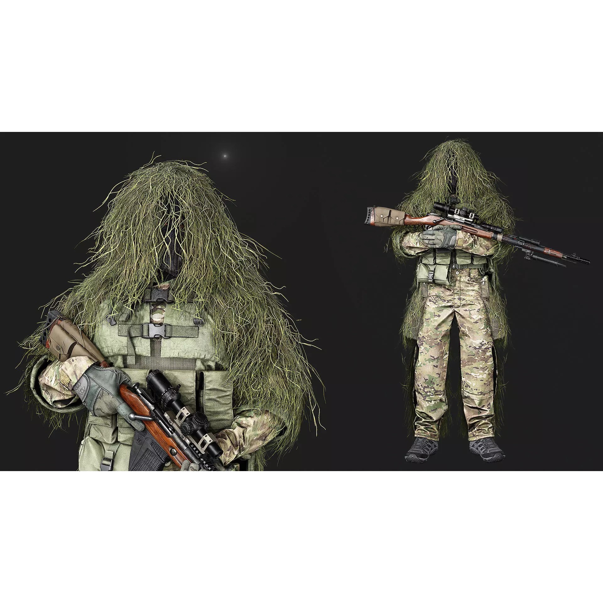 Modular Special Forces Ghillie Sniper - Low-Poly Game-Ready 3D Model - View 3