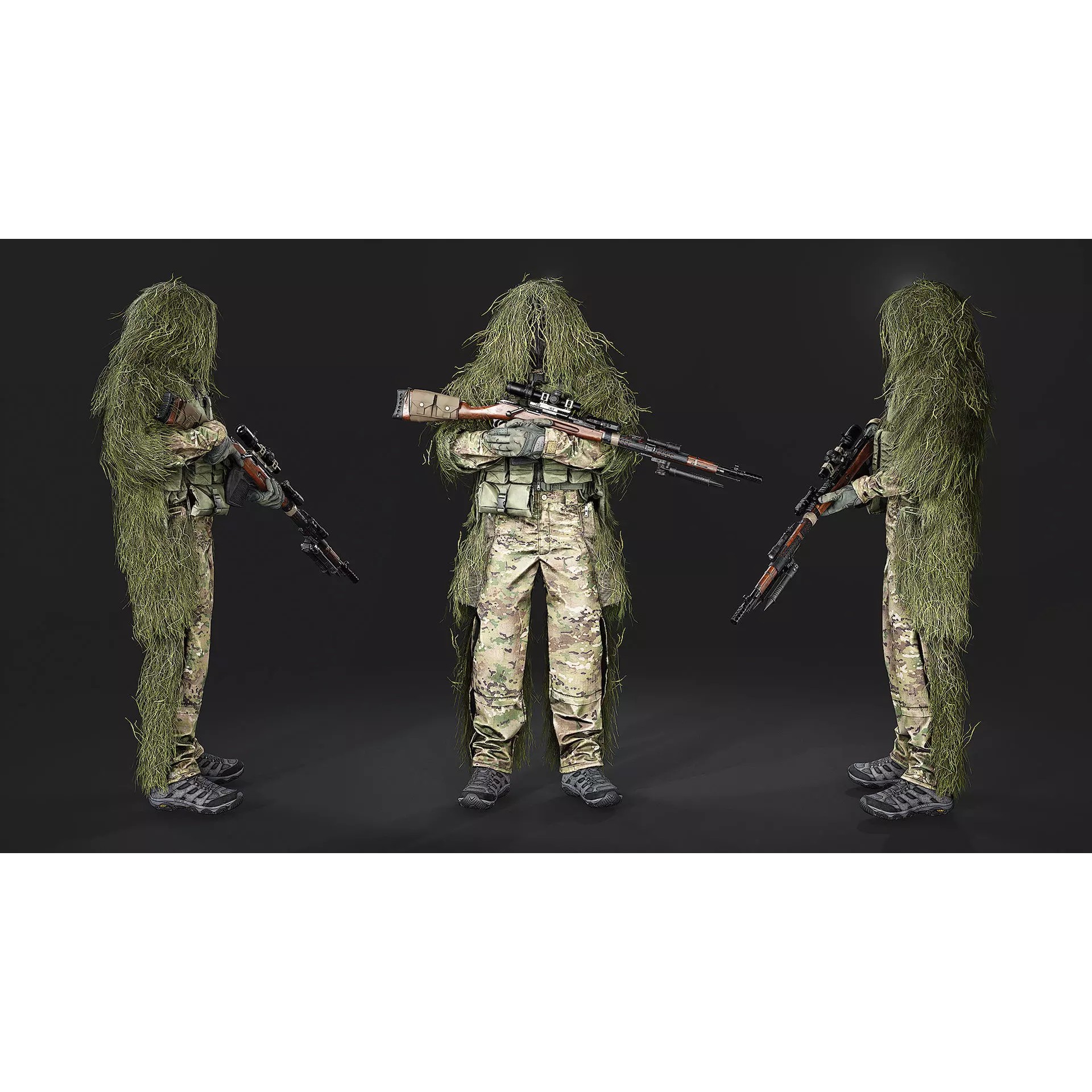 Modular Special Forces Ghillie Sniper - Low-Poly Game-Ready 3D Model - View 4