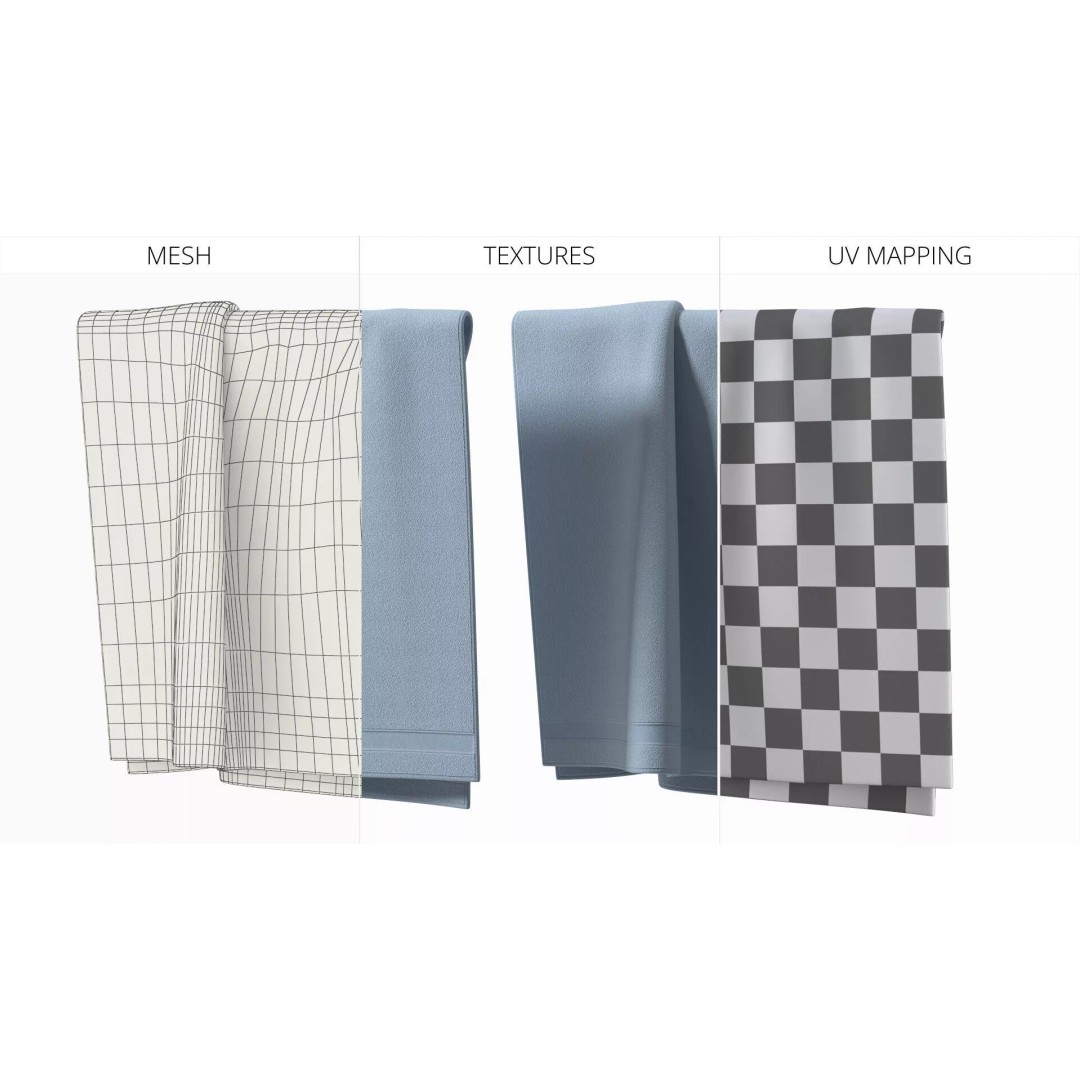 Relaxed Hanging Towels 3D Model – Smooth Fold Blue Cotton, PBR Textures - View 7