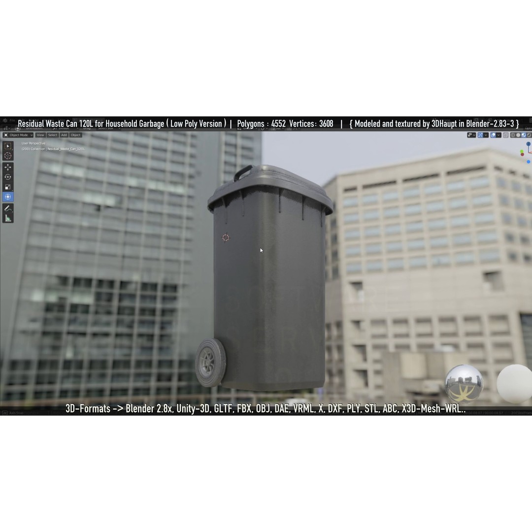 Residual Waste Can 3D Model – Low Poly Garbage Container, PBR Textures - View 4