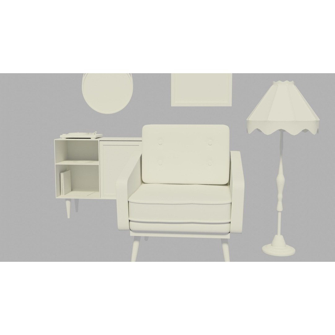 Retro Living Room 3D Model – Vintage Furniture Asset, FBX, OBJ - View 13