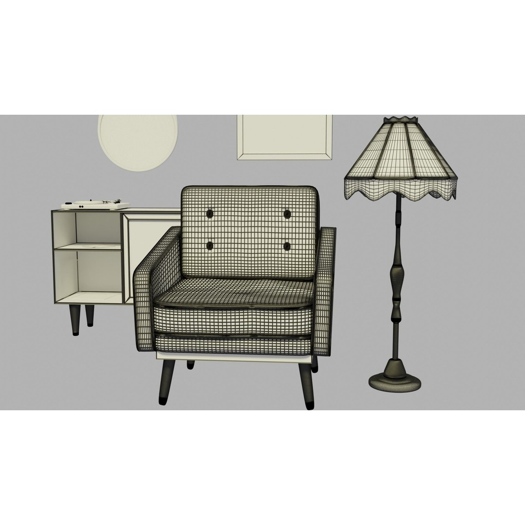 Retro Living Room 3D Model – Vintage Furniture Asset, FBX, OBJ - View 14