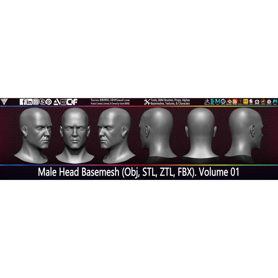 Male Head 3D Model – Low Poly Character Basemesh for Games - View 12