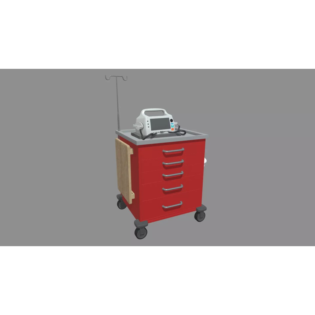 Emergency Cart 3D Model – Low-Poly Hospital Equipment with Defibrillator - View 2