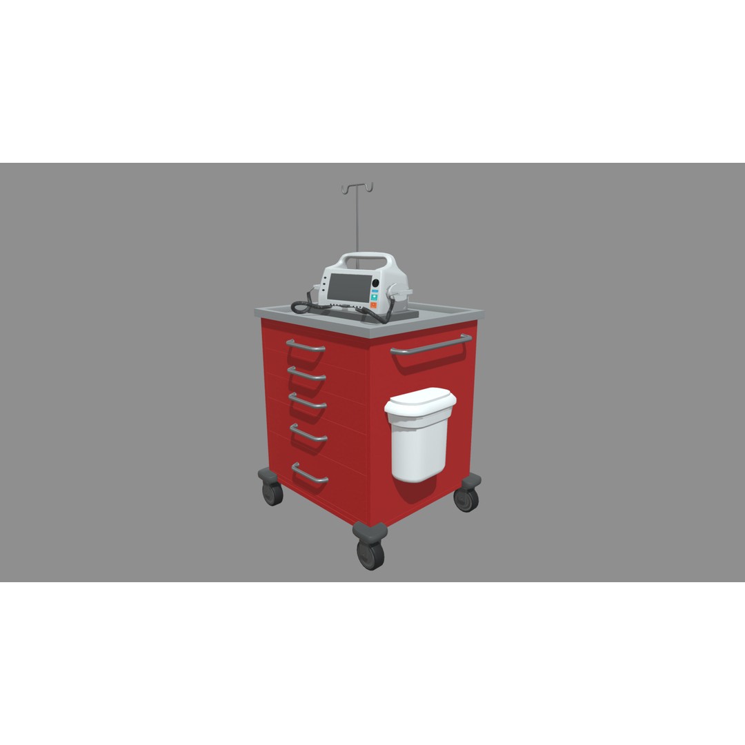 Emergency Cart 3D Model – Low-Poly Hospital Equipment with Defibrillator - View 3