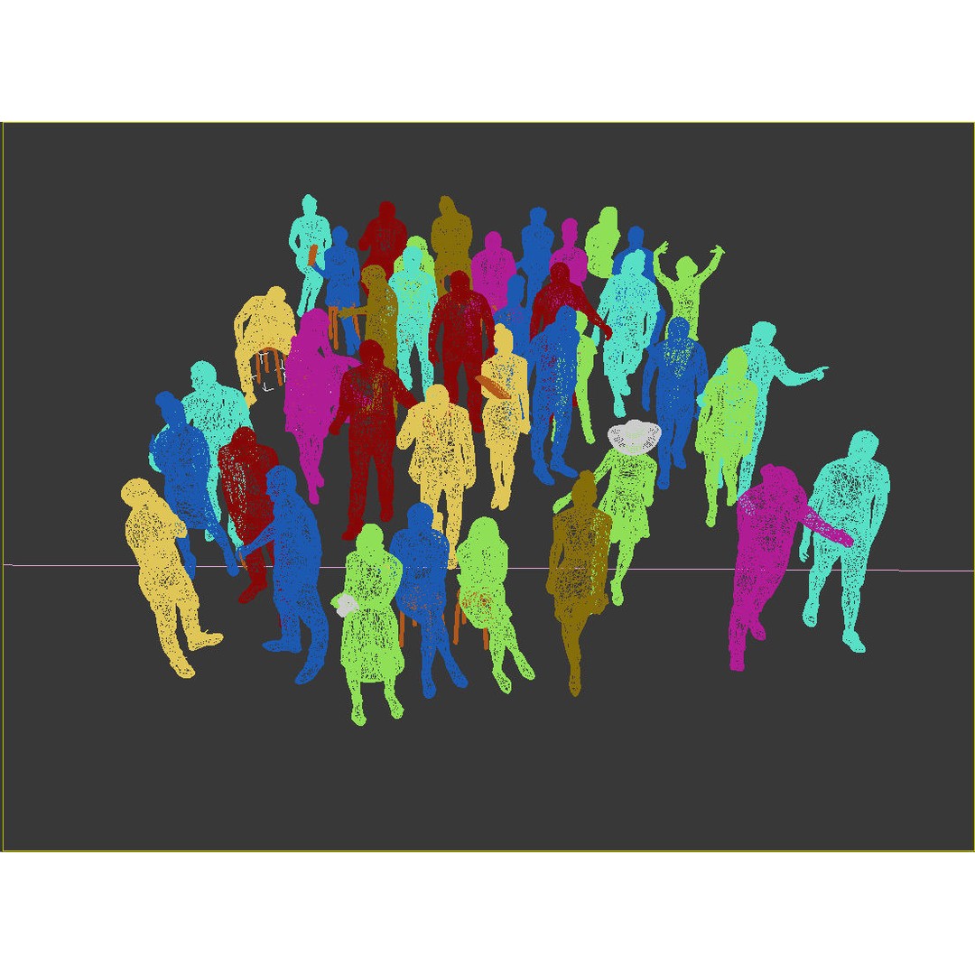 Crowd of 40 Scanned Characters 3D Model – Low Poly Elegant Sitting People
