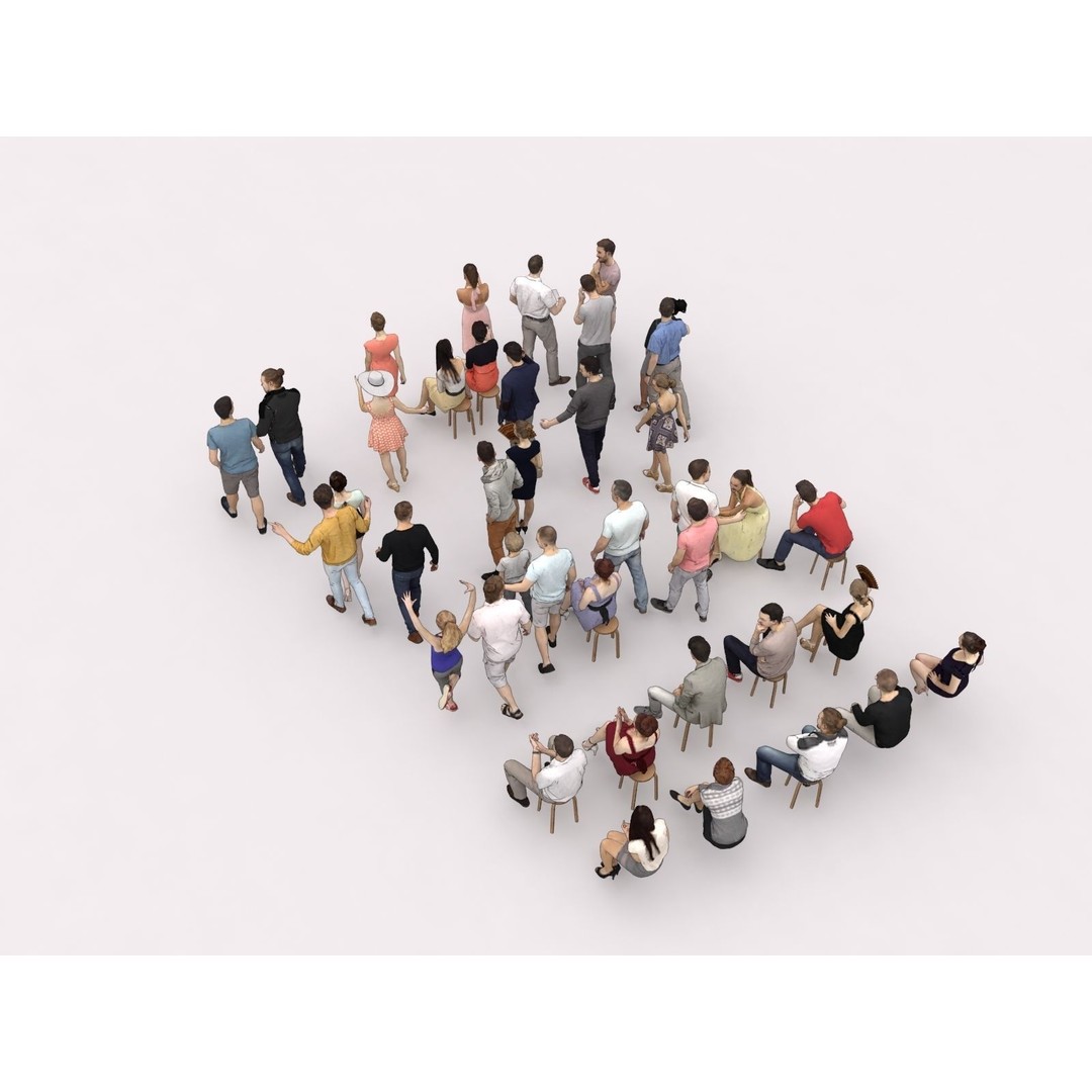 Crowd of 40 Scanned Characters 3D Model – Low Poly Elegant Sitting People - View 10