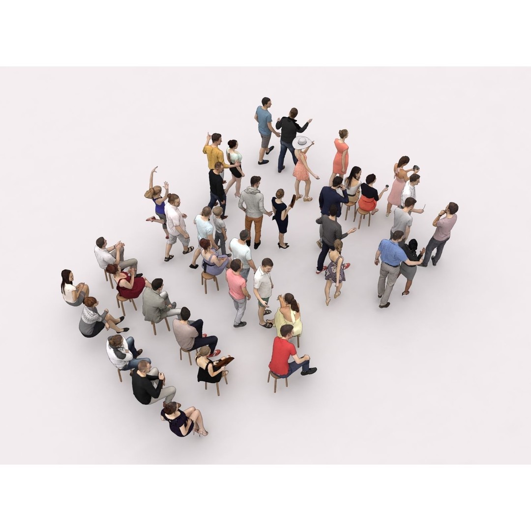 Crowd of 40 Scanned Characters 3D Model – Low Poly Elegant Sitting People - View 14