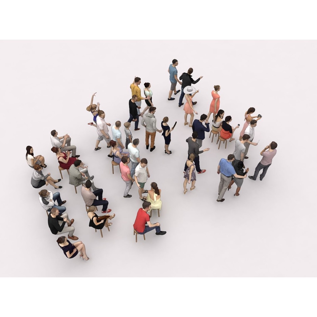 Crowd of 40 Scanned Characters 3D Model – Low Poly Elegant Sitting People - View 15