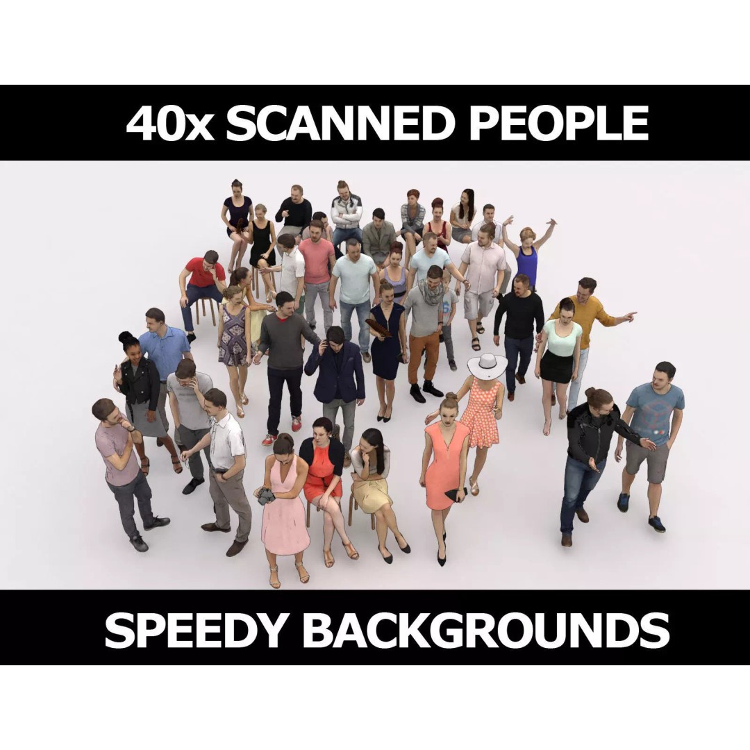 Crowd of 40 Scanned Characters 3D Model – Low Poly Elegant Sitting People - View 2