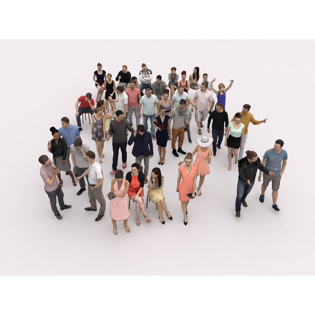 Crowd of 40 Scanned Characters 3D Model – Low Poly Elegant Sitting People - View 3