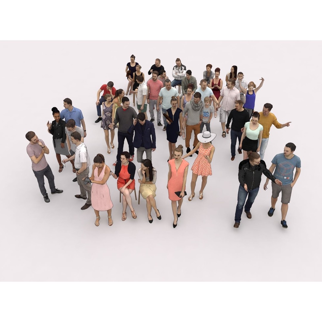 Crowd of 40 Scanned Characters 3D Model – Low Poly Elegant Sitting People - View 4