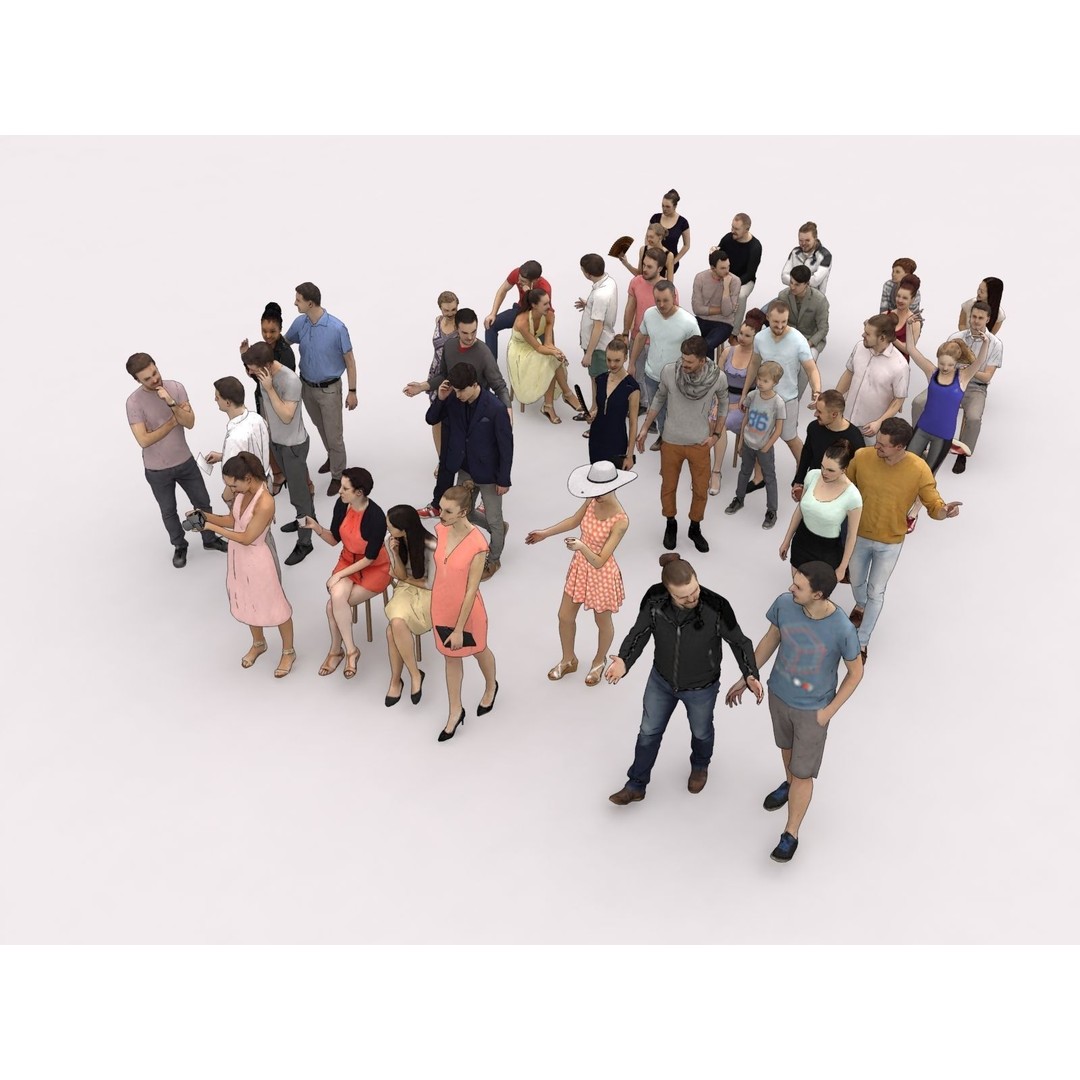 Crowd of 40 Scanned Characters 3D Model – Low Poly Elegant Sitting People - View 5