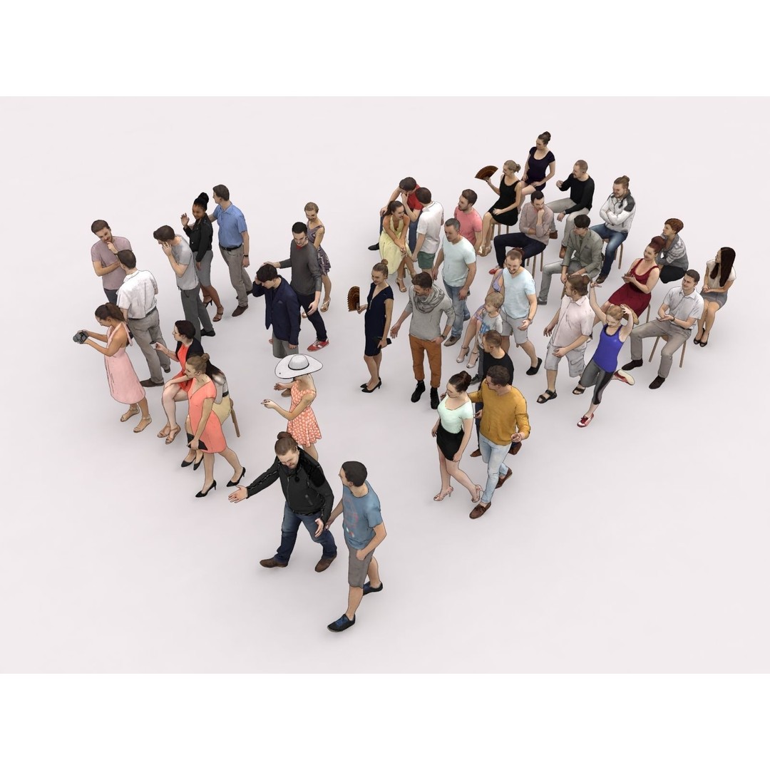 Crowd of 40 Scanned Characters 3D Model – Low Poly Elegant Sitting People - View 6