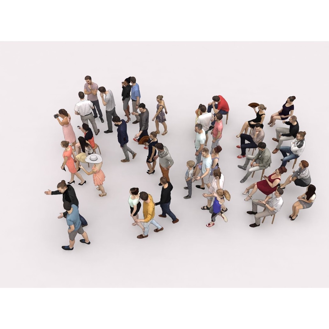 Crowd of 40 Scanned Characters 3D Model – Low Poly Elegant Sitting People - View 7
